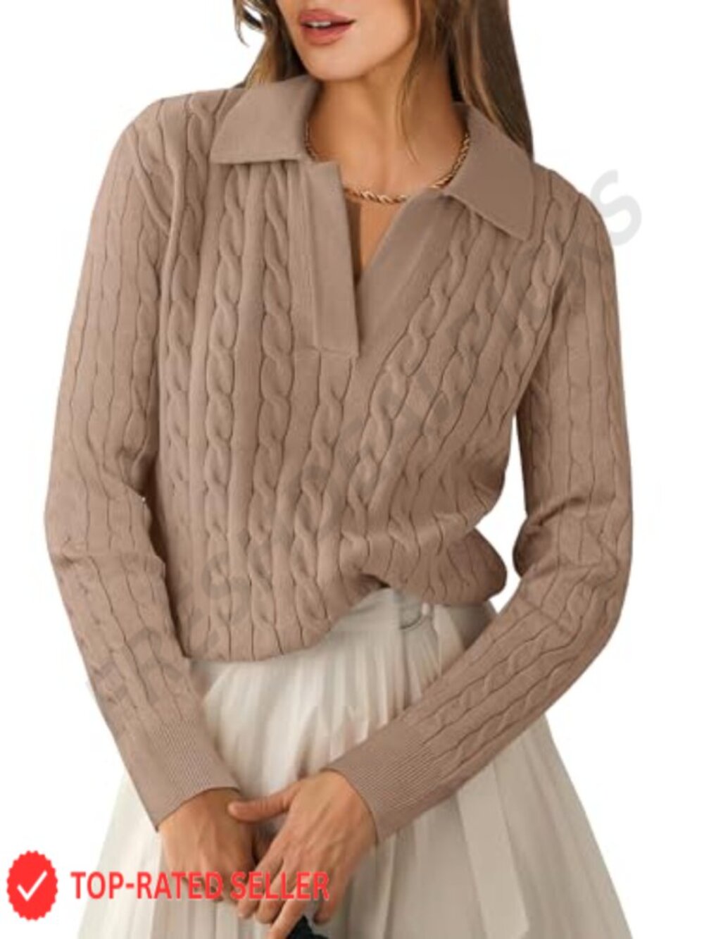 Cable Knit Sweater Long Sleeve Polo V-Neck Pullover Fall Layer Women's
